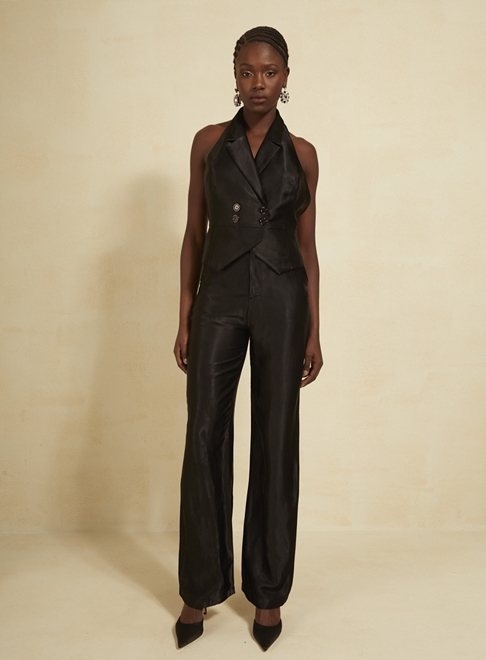 Bcbg faux leather new arrivals drape front long vest