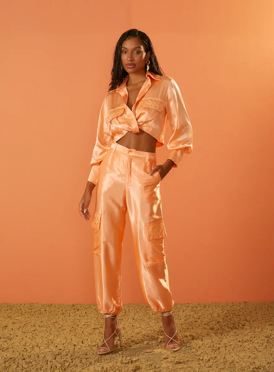 Calça Acetinada Pantacourt Laranja Mexerica Souisy