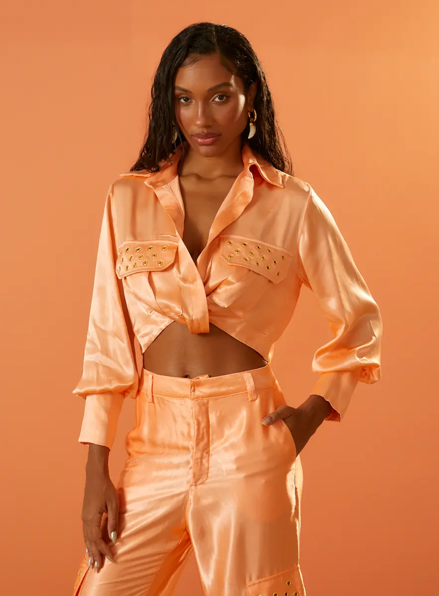 Blusa Cropped Acetinada Laranja Mexerica Souisy