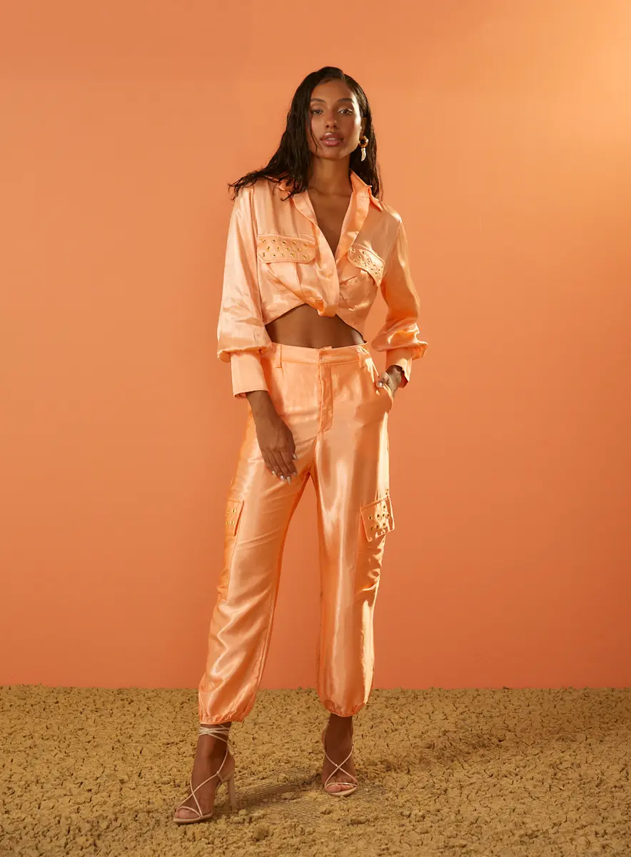 Blusa Cropped Acetinada Laranja Mexerica Souisy