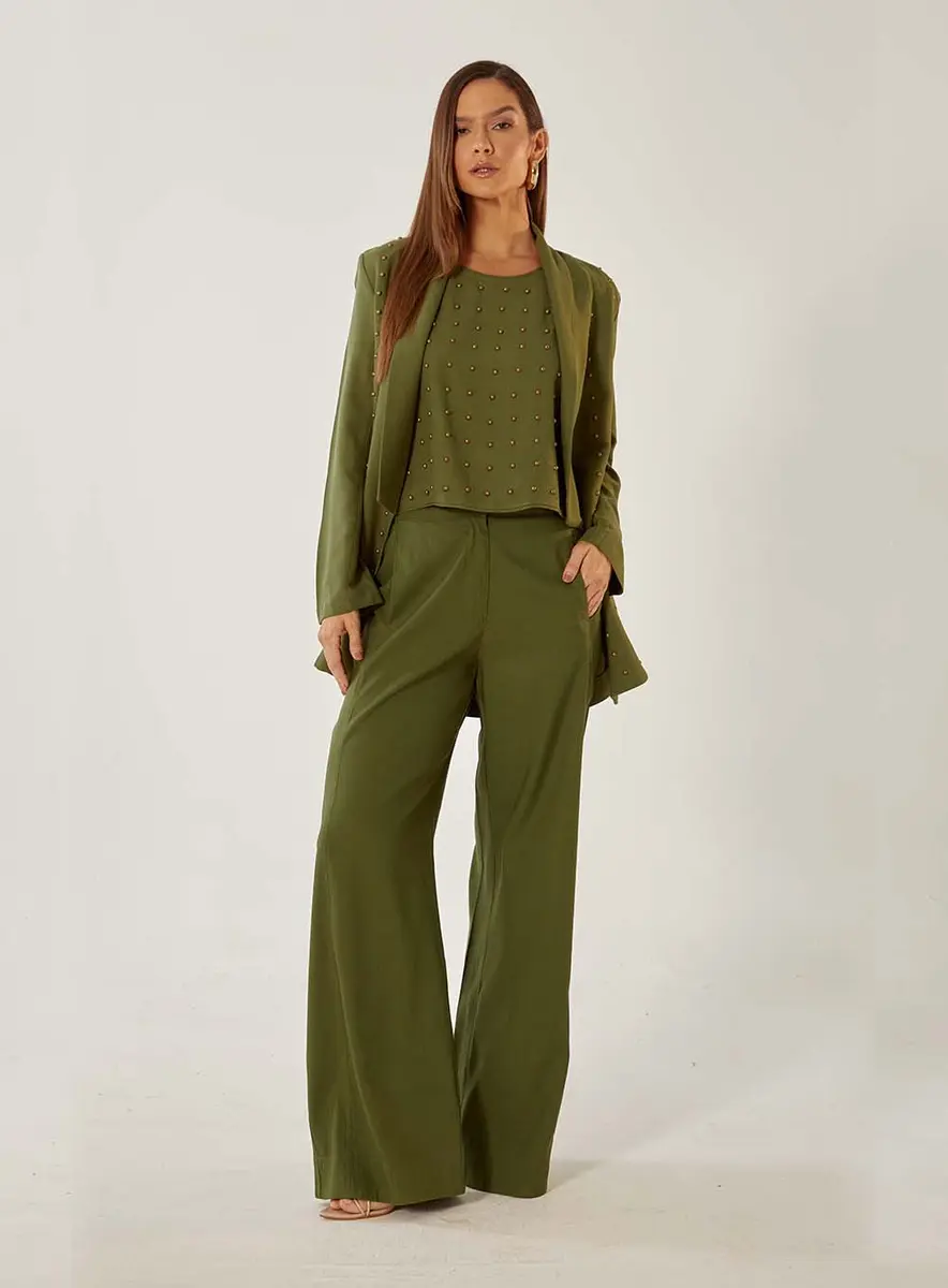 Calça Pantalona Em Linho Lilas Souisy