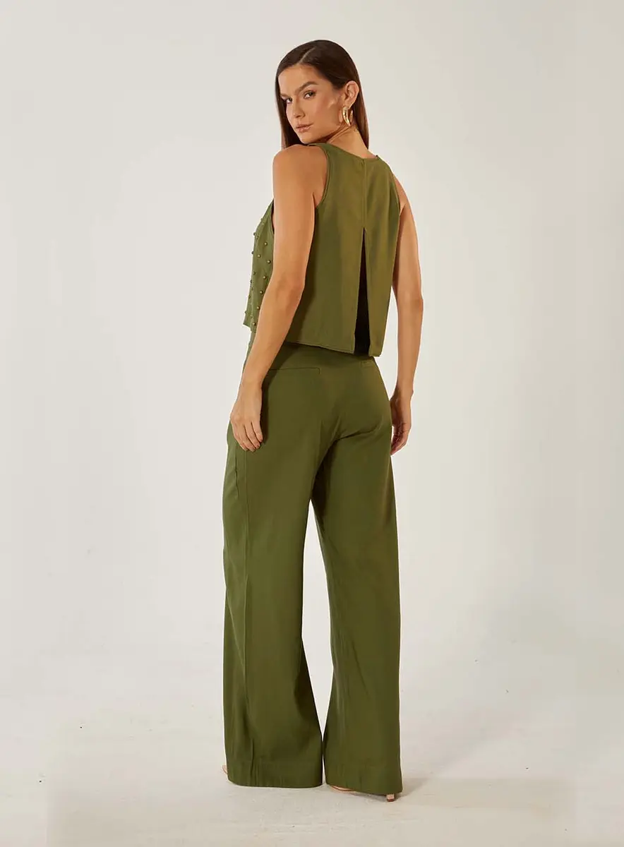 Calça Pantalona Em Linho Lilas Souisy