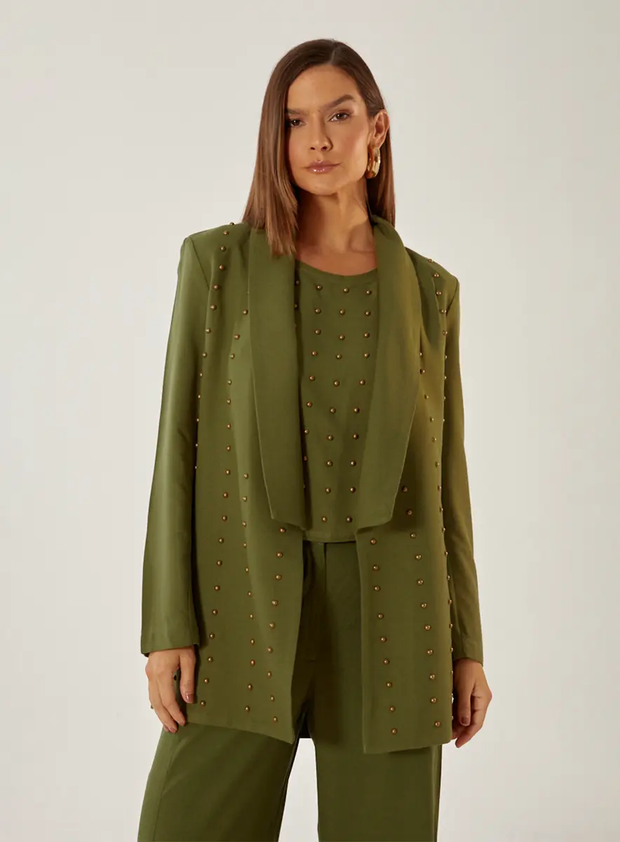 Blazer Alongado Com Bordado Manual Verde Souisy