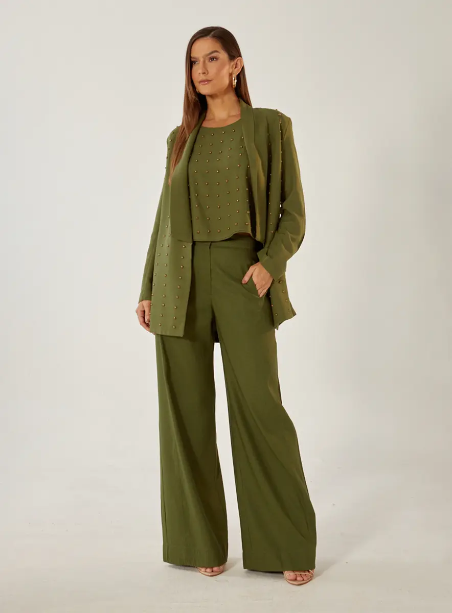 Blazer Alongado Com Bordado Manual Verde Souisy