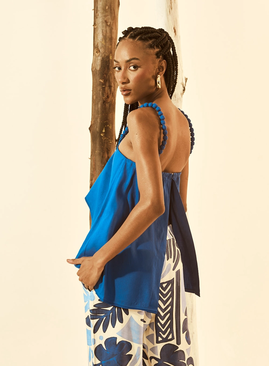 Blusa Linho Com Bordado Manual Azul Souisy
