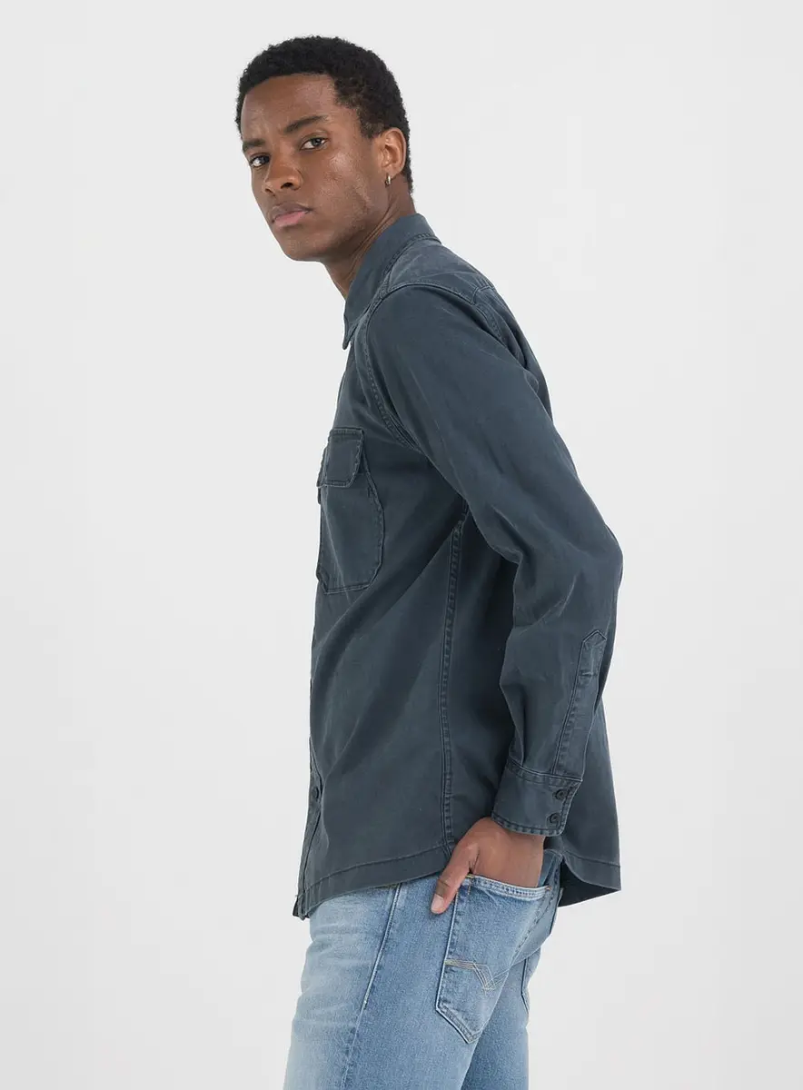 Camisa Manga Longa Reta E Bolsos Frontais Azul Lcecci