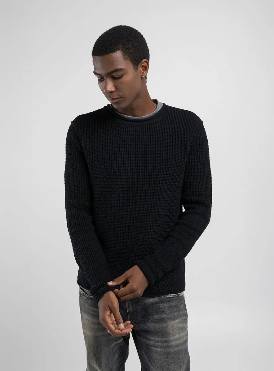 Suéter Masculino Tricô Waffle Básico Preto Lcecci