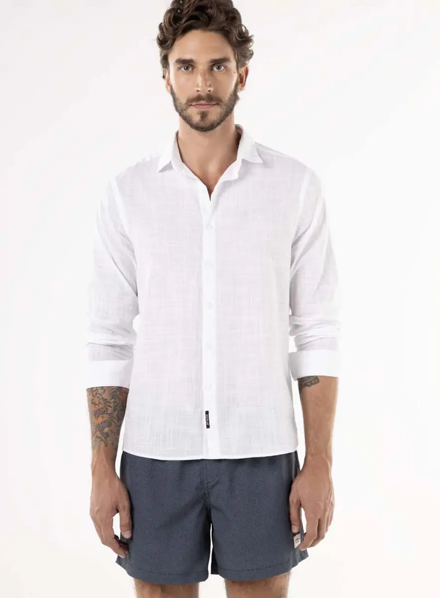 Camisa Slim Manga Longa Com Bordado Branco Lcecci