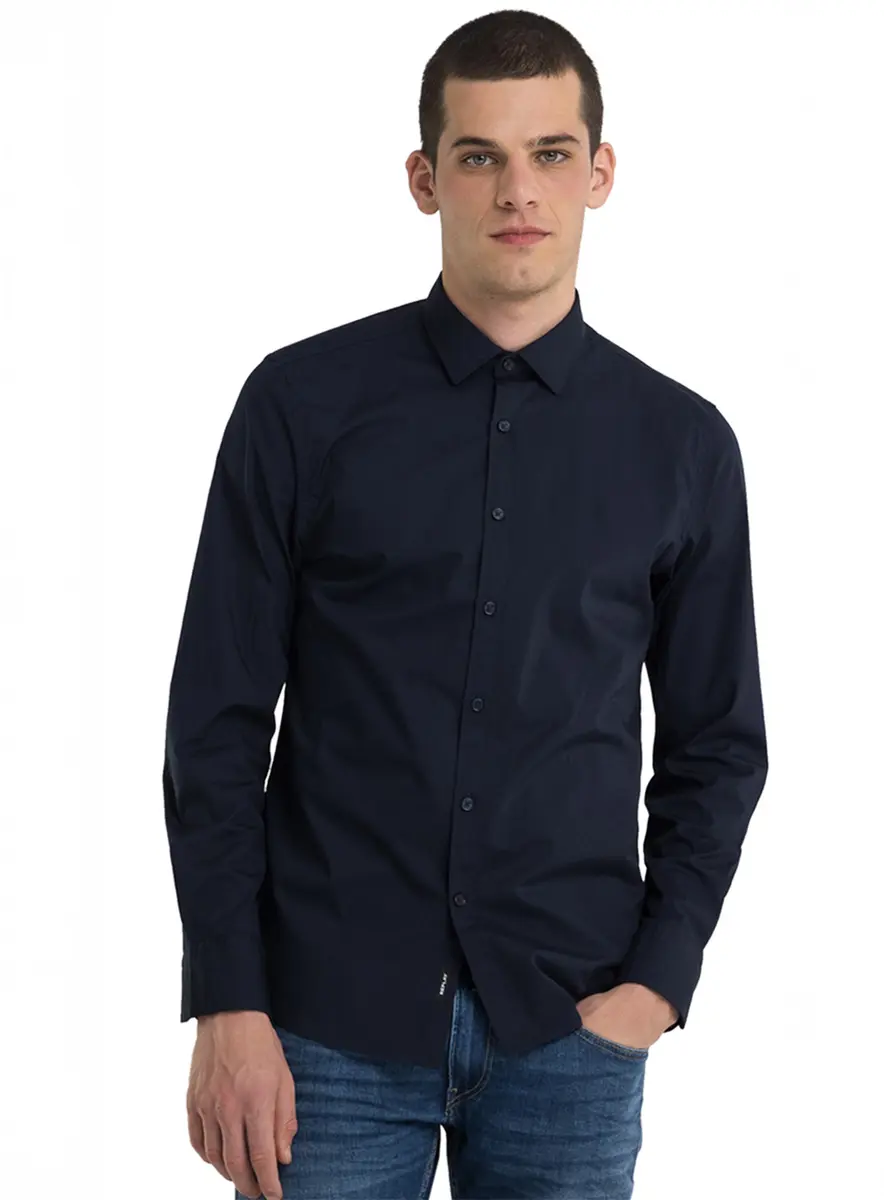 Camisa Masculina Slim Manga Longa Azul Replay