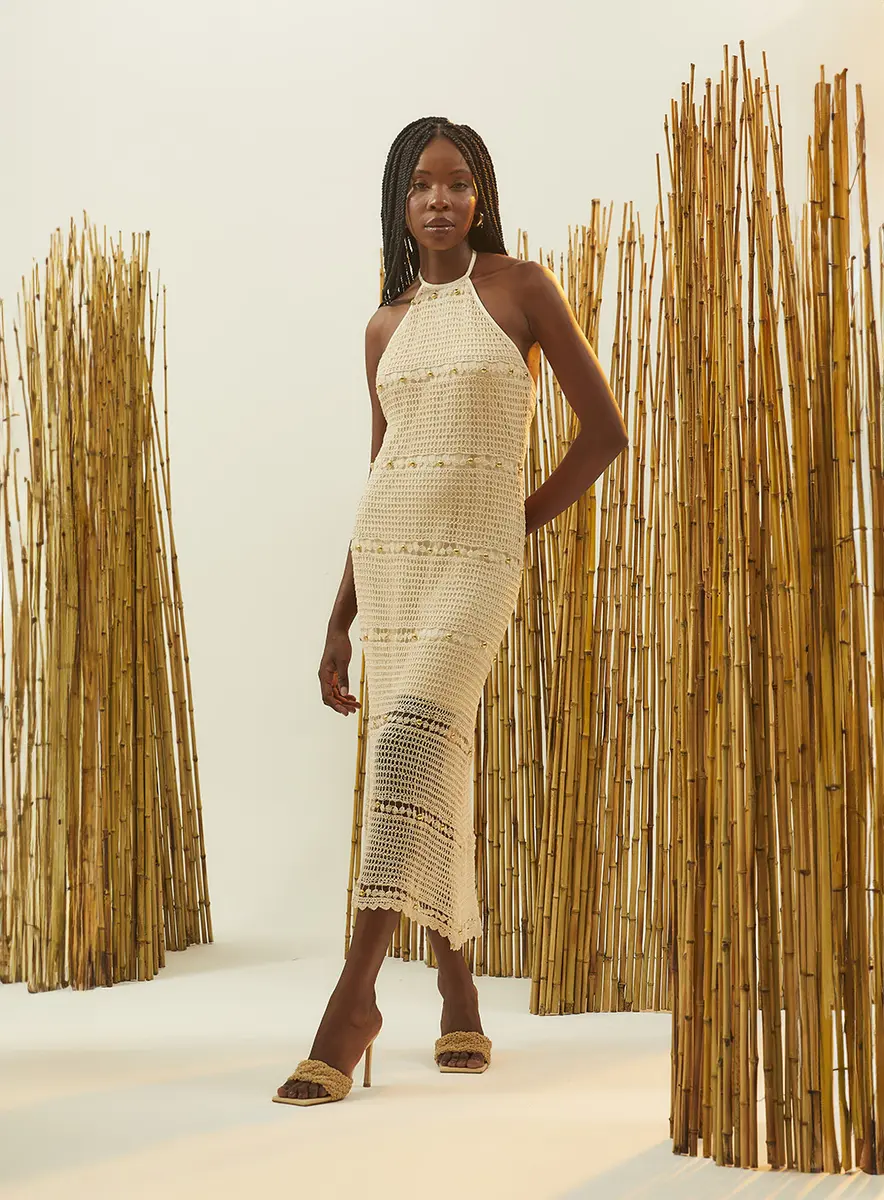 Vestido Midi Com Bordado Manual Bege Souisy