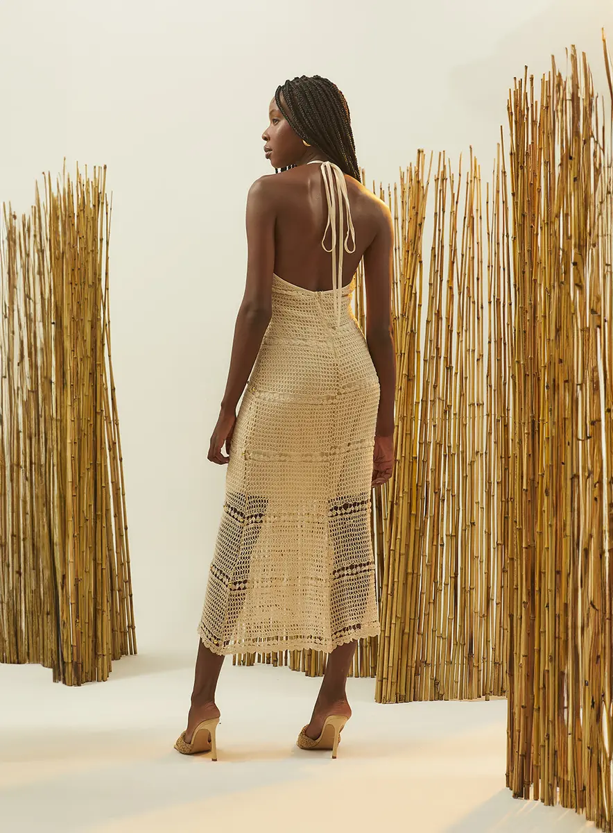 Vestido Midi Com Bordado Manual Bege Souisy