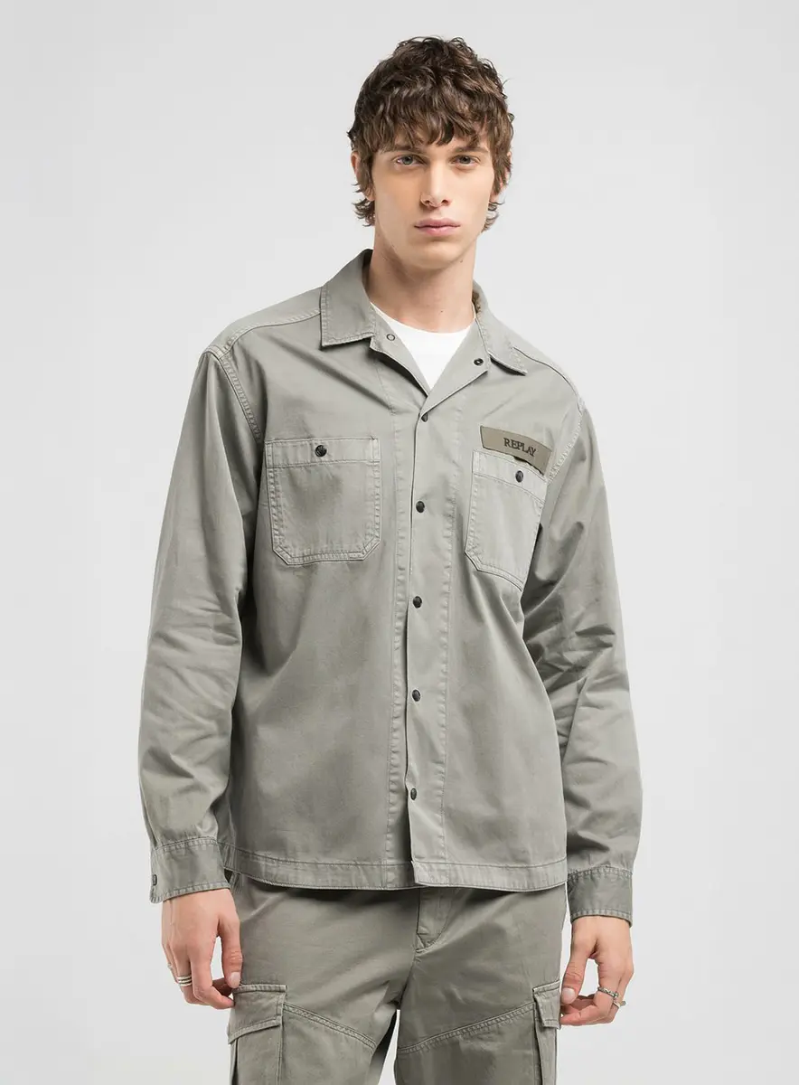 Camisa Tinturada Com Bolsos Cinza Sand Lcecci