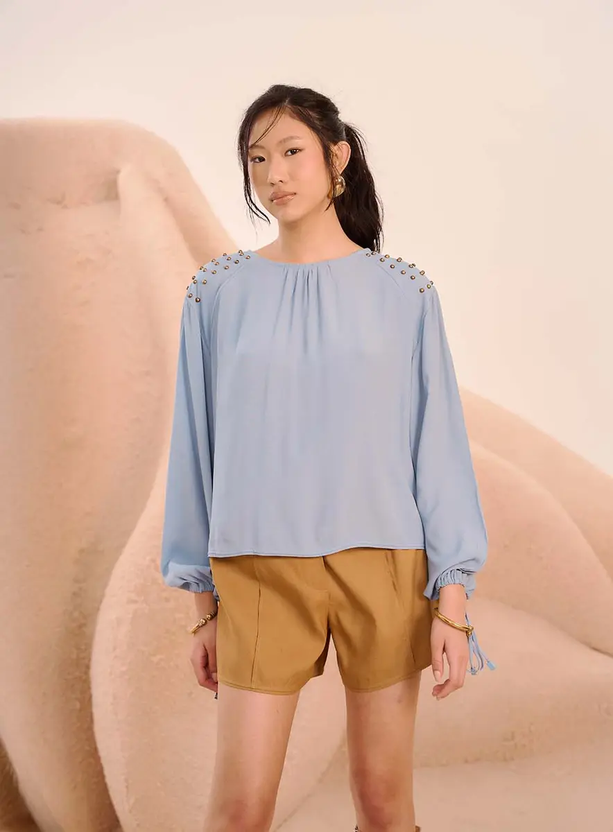 Blusa Fluída Com Bordado Manual Azul Souisy