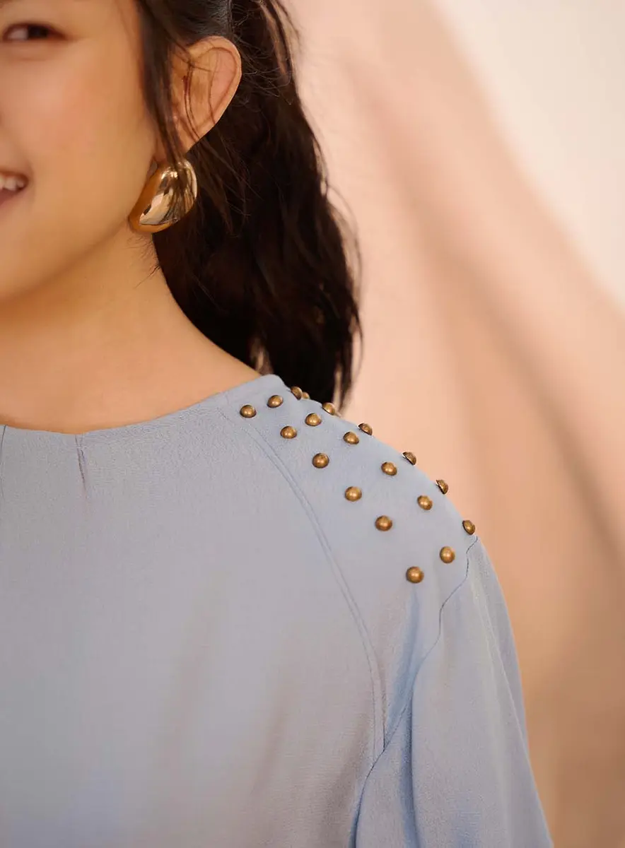 Blusa Fluída Com Bordado Manual Azul Souisy