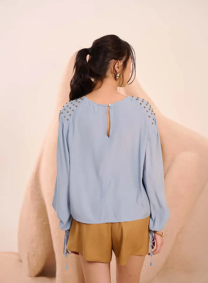 Blusa Fluída Com Bordado Manual Azul Souisy