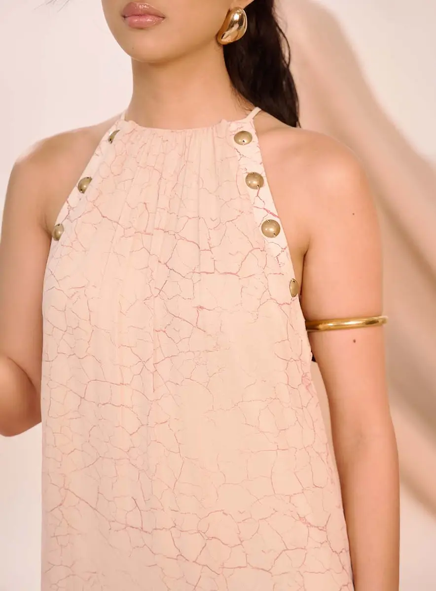 Vestido Longo Estampado Halter Em Camadas Bege Souisy