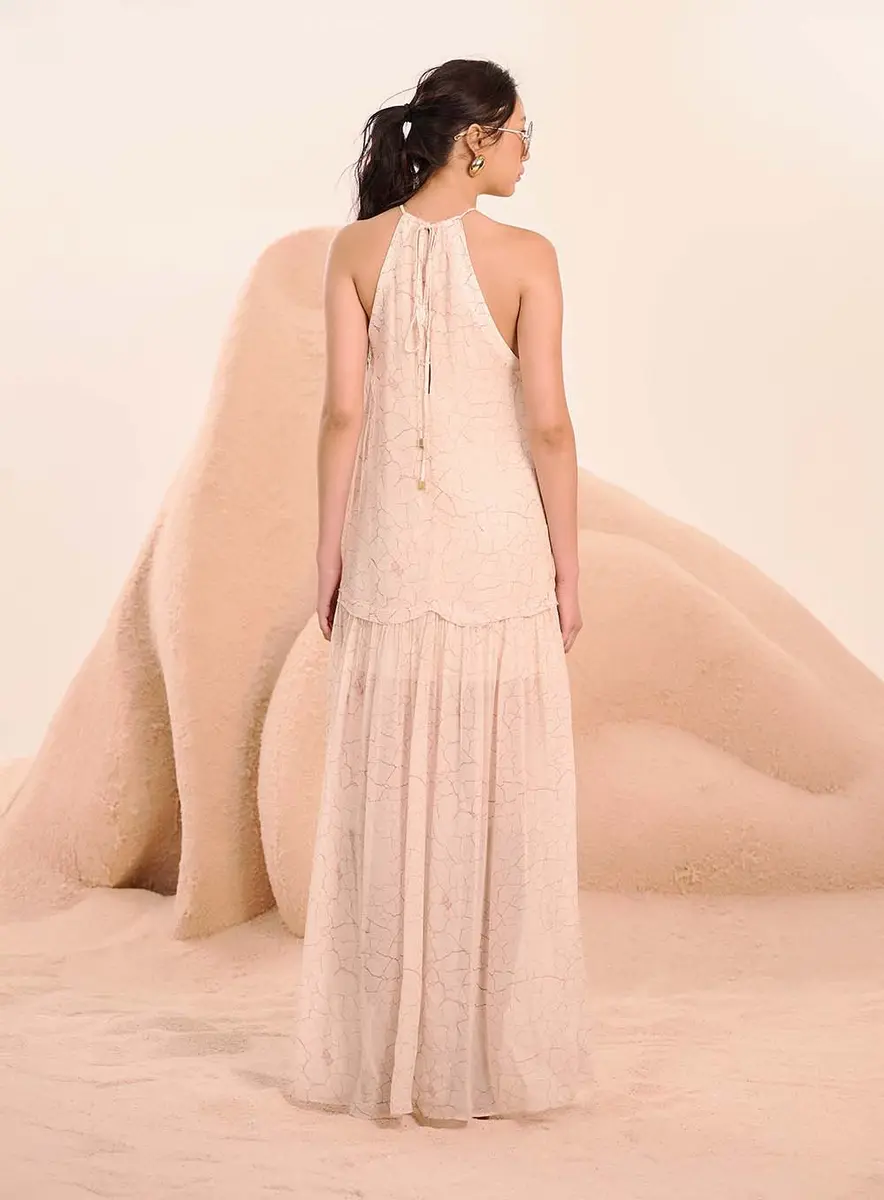 Vestido Longo Estampado Halter Em Camadas Bege Souisy