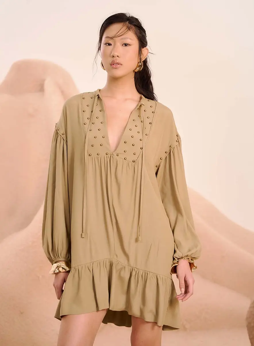 Vestido Fluido Com Bordado Manual Verde Souisy