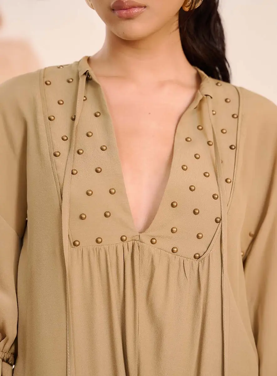Vestido Fluido Com Bordado Manual Verde Souisy