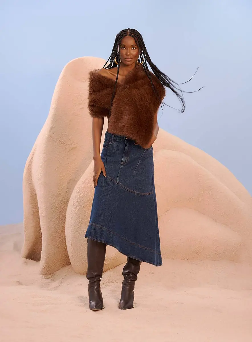 Saia Jeans Midi Assimétrica Índigo Souisy