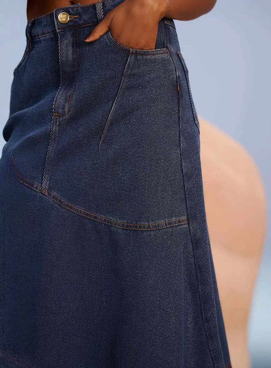 Saia Jeans Midi Assimétrica Índigo Souisy