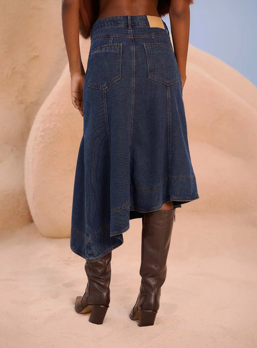 Saia Jeans Midi Assimétrica Índigo Souisy