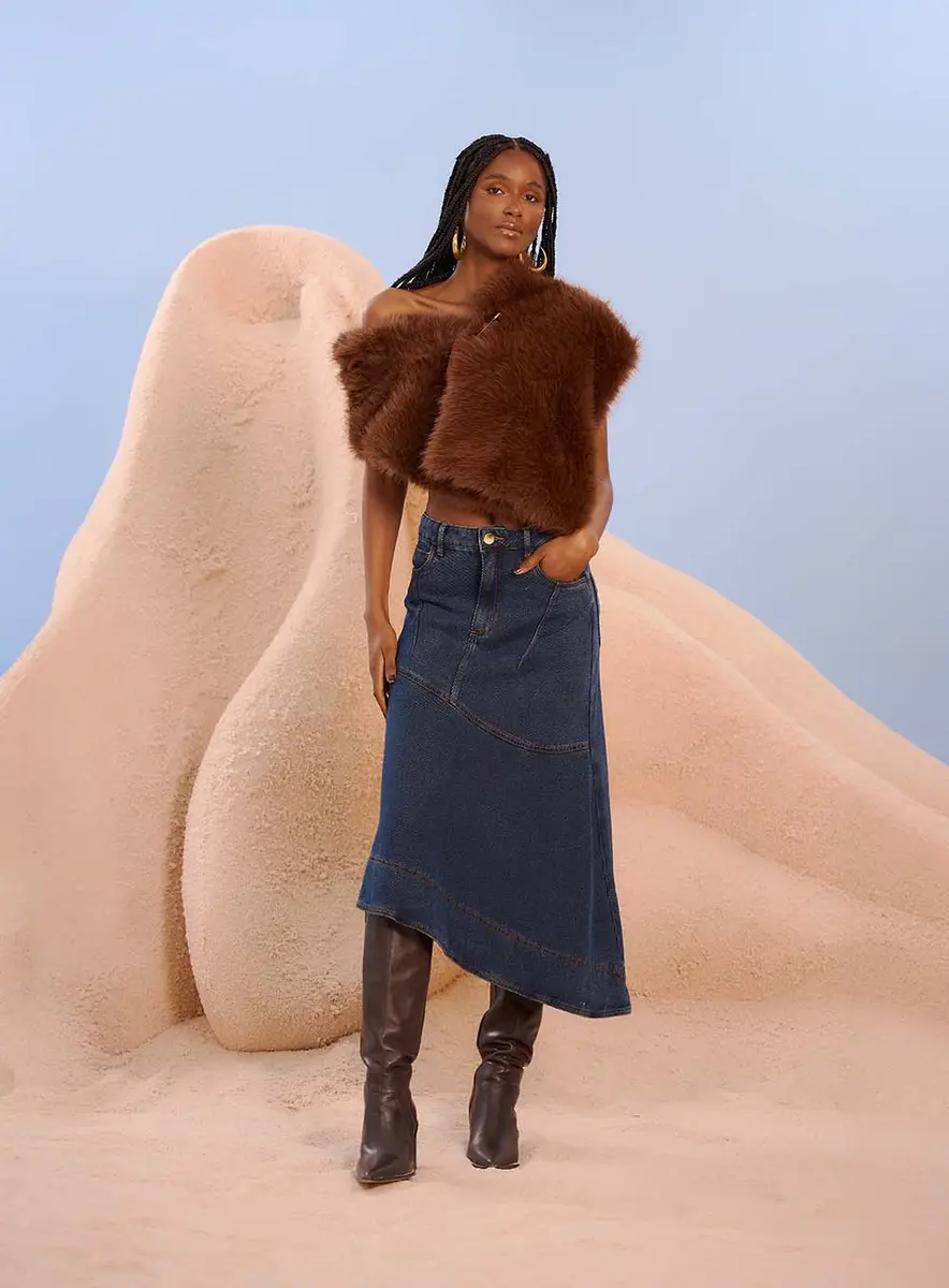 Saia Jeans Midi Assimétrica Índigo Souisy
