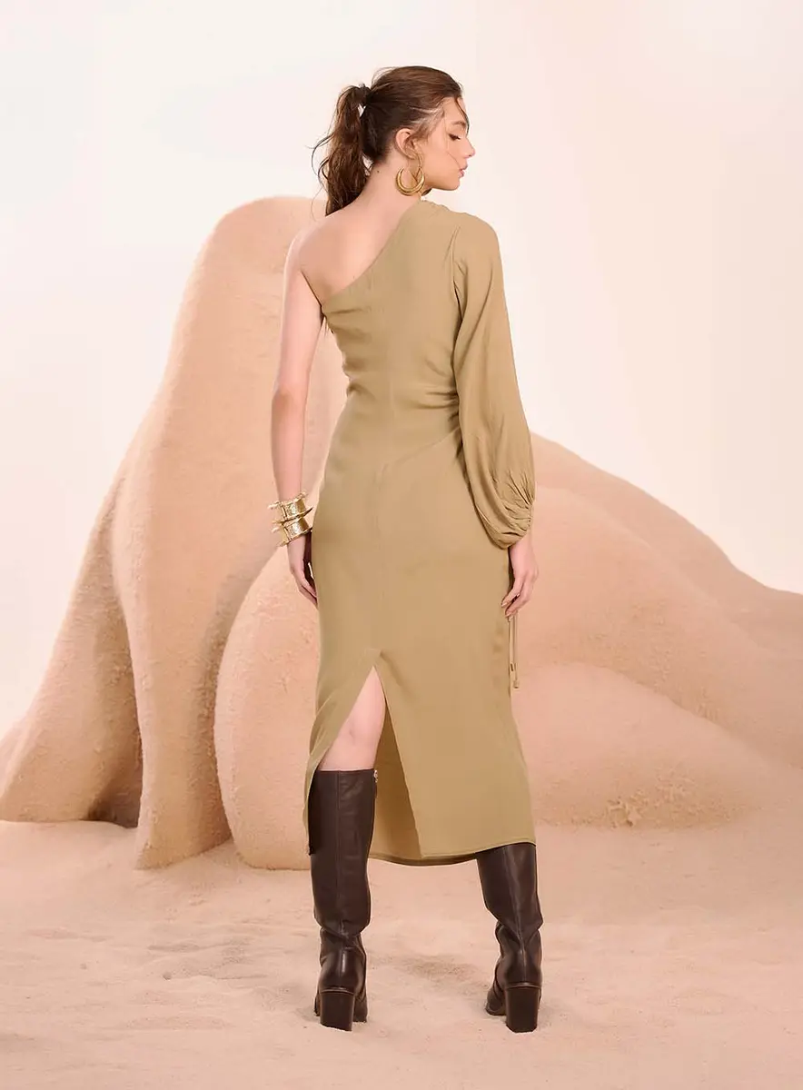 Vestido Midi Assimétrico Com Drapeado Lateral Verde Souisy