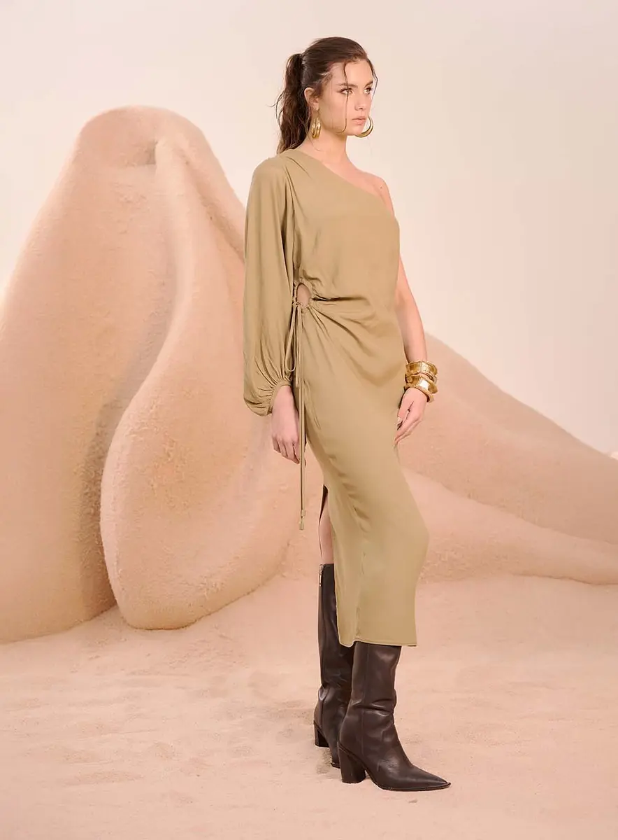Vestido Midi Assimétrico Com Drapeado Lateral Verde Souisy