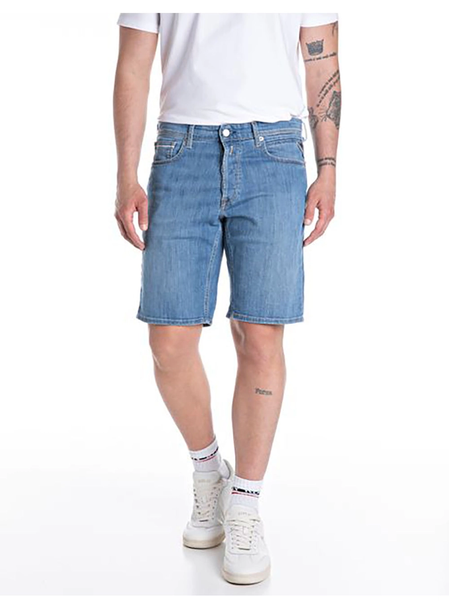 Bermuda Jeans Grover Straight 99 Stretch Índigo Médio Replay