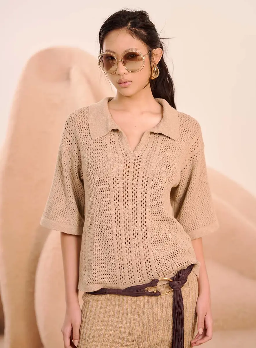 Blusa Feminina Em Tricô E Gola Polo Basic Comfort Marrom Malfitano Souisy