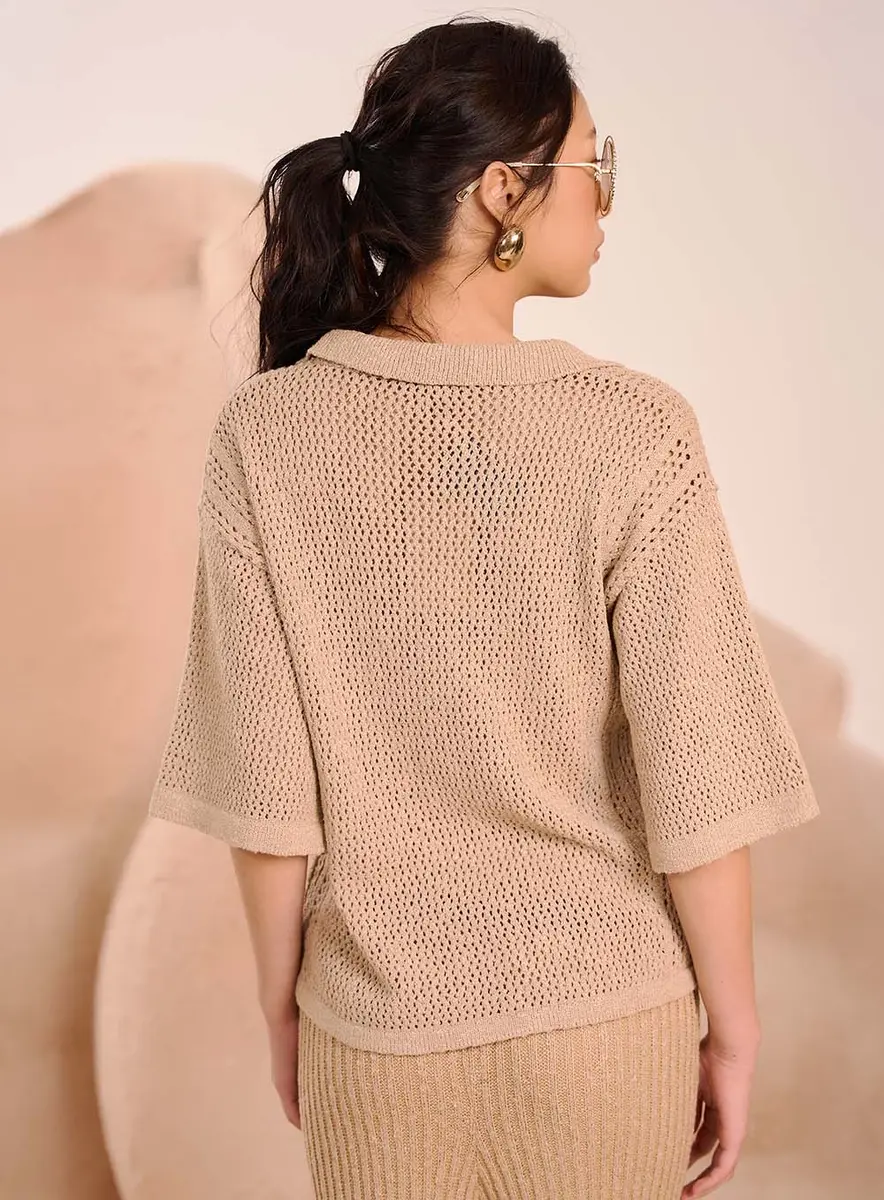 Blusa Feminina Em Tricô E Gola Polo Basic Comfort Marrom Malfitano Souisy