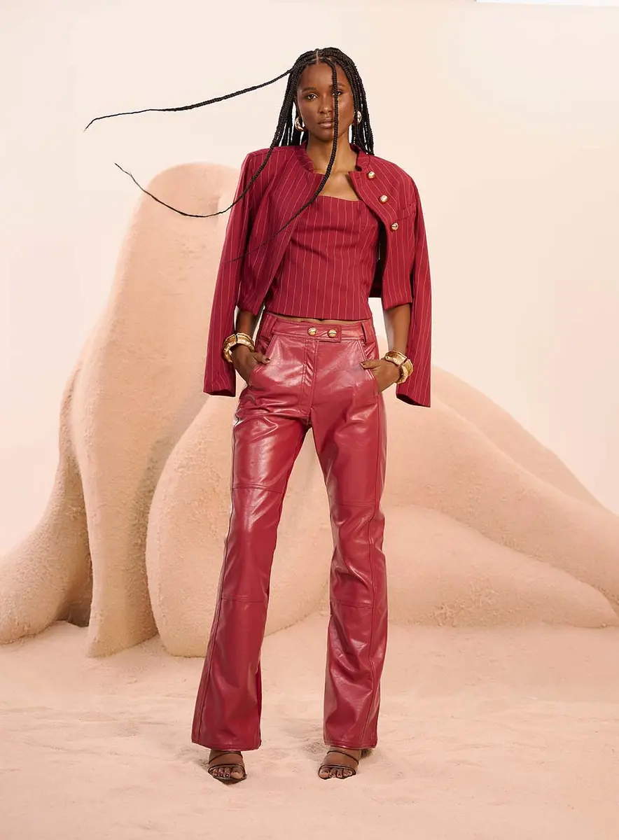 Blazer Cropped Alfaiataria Vinho Risca Estampados Souisy