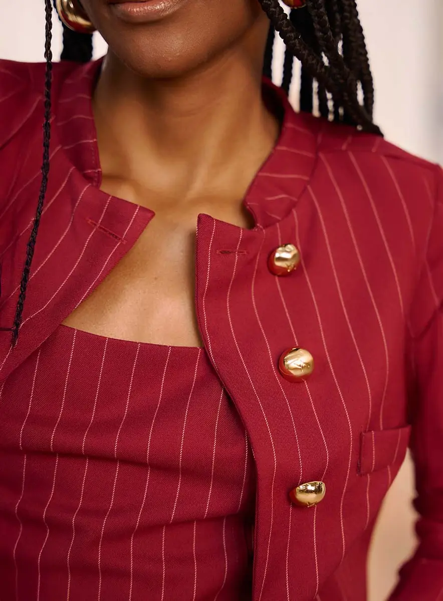 Blazer Cropped Alfaiataria Vinho Risca Estampados Souisy