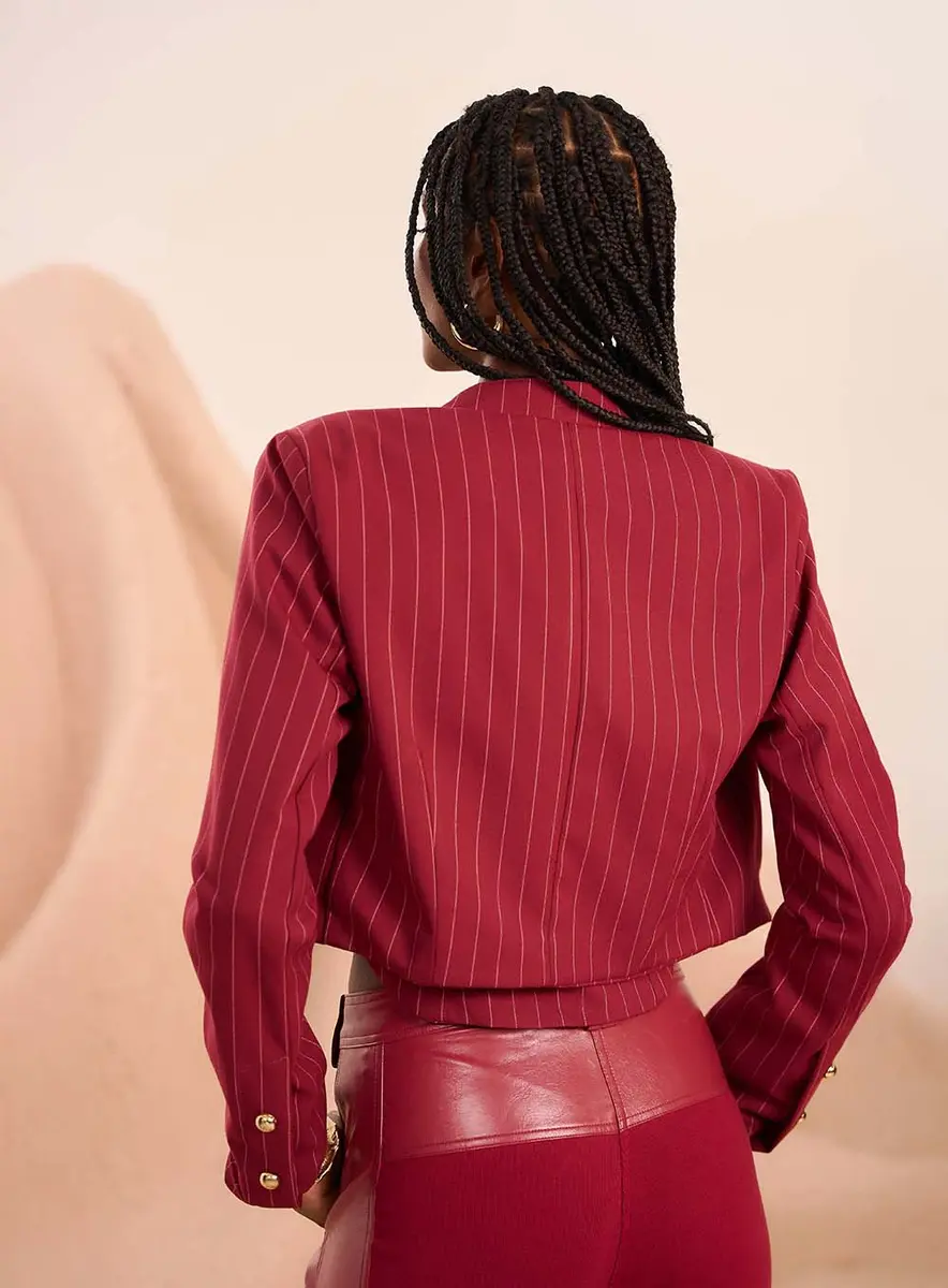Blazer Cropped Alfaiataria Vinho Risca Estampados Souisy