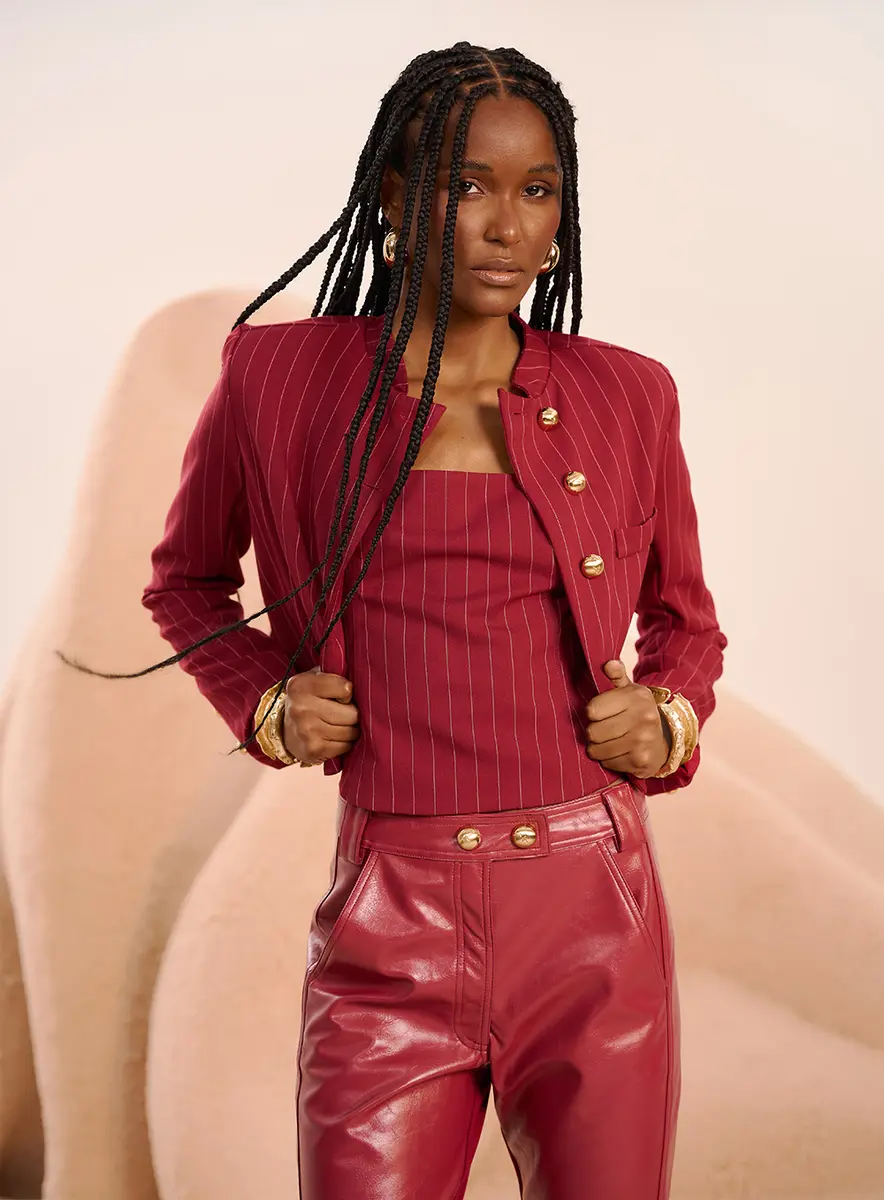 Blazer Cropped Alfaiataria Vinho Risca Estampados Souisy
