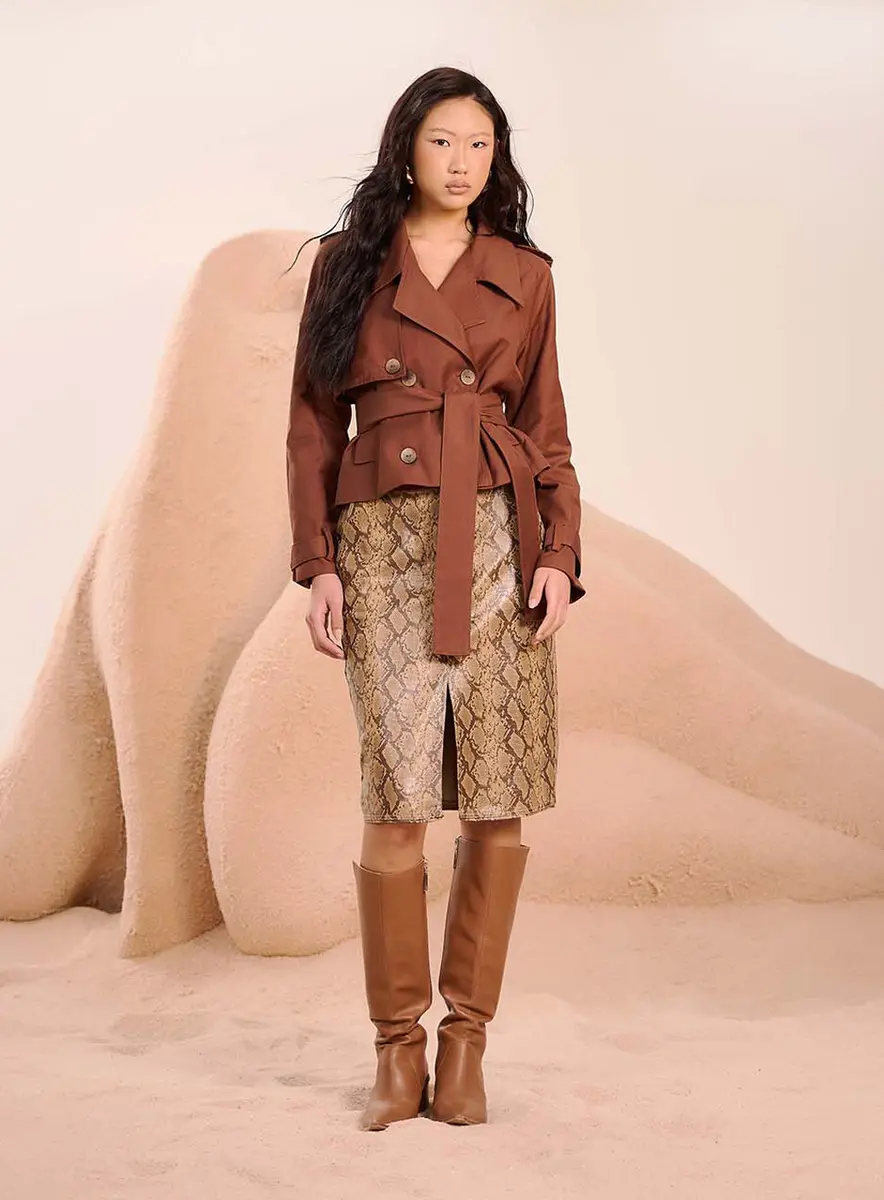 Casaco Estilo Trench Coat Com Cinto Marrom Souisy