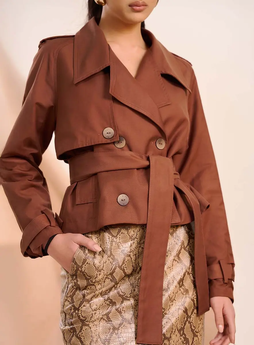 Casaco Estilo Trench Coat Com Cinto Marrom Souisy