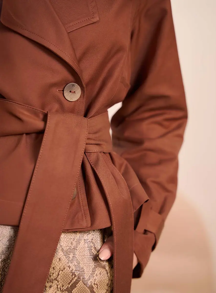 Casaco Estilo Trench Coat Com Cinto Marrom Souisy