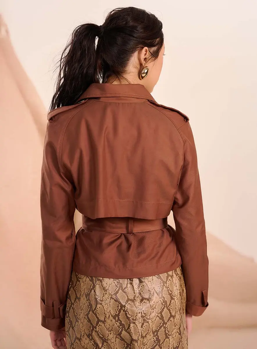 Casaco Estilo Trench Coat Com Cinto Marrom Souisy