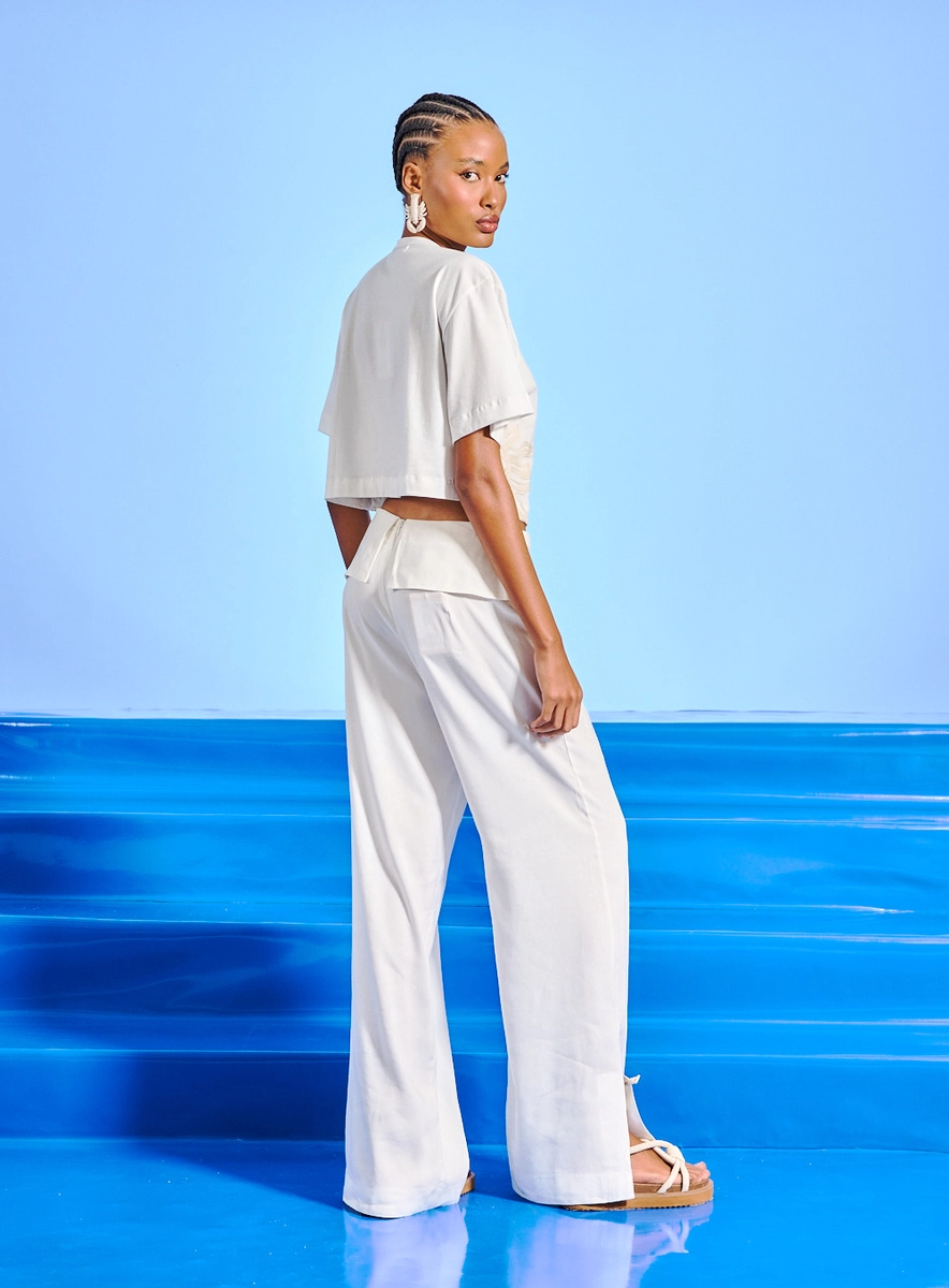Calça Feminina Linho Barra Com Fenda Off Shell Souisy