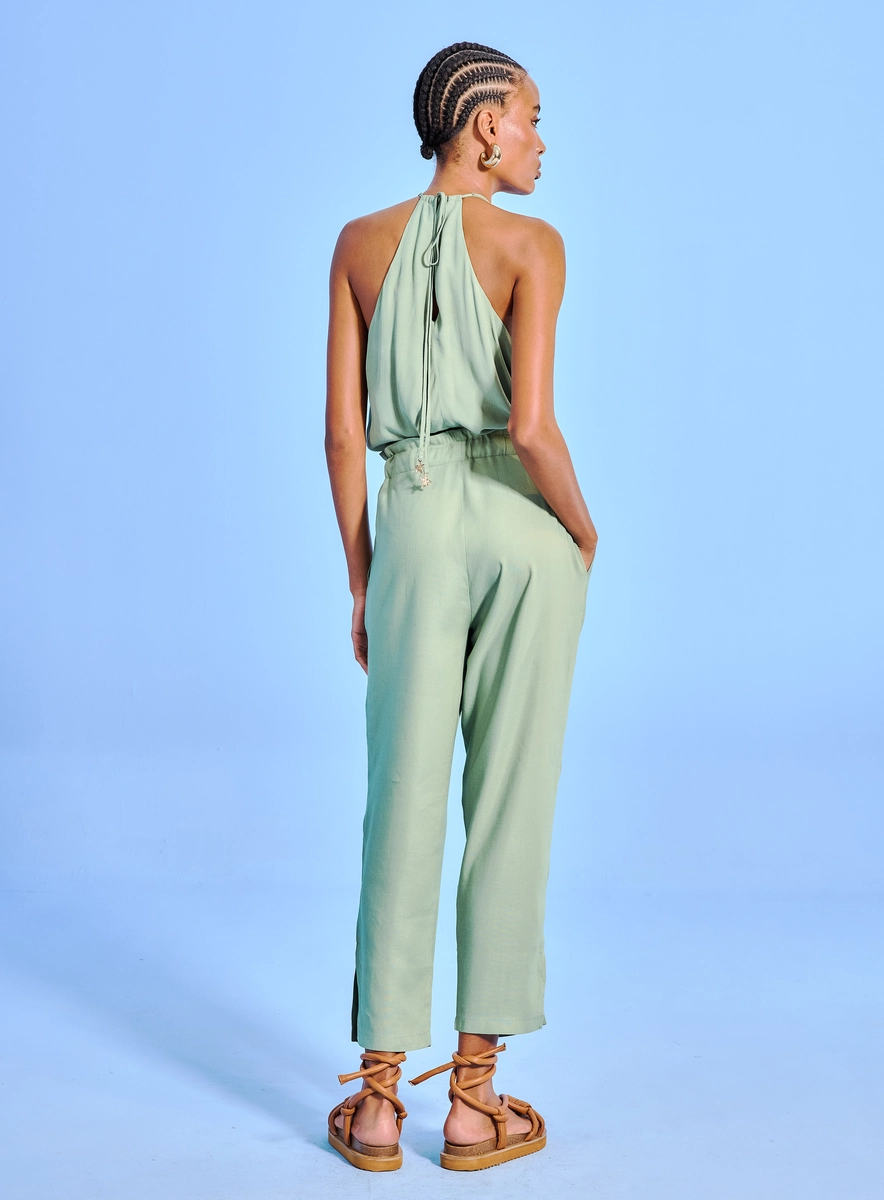 Calça Feminina Comfort Linho Com Fenda E Amarração Verde Souisy