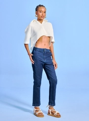 Calça Jeans Feminina Reta Bolsos Faca