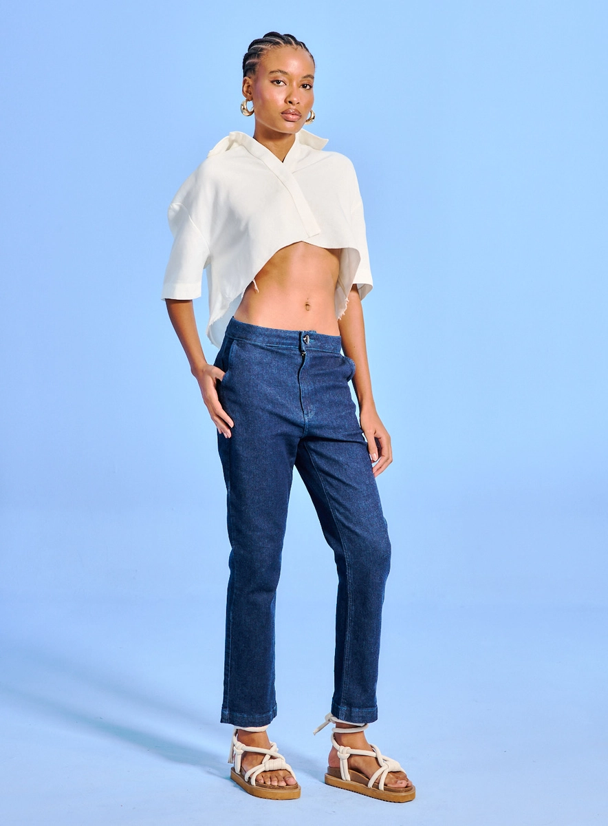 Calça Jeans Feminina Reta Bolsos Faca Índigo Souisy