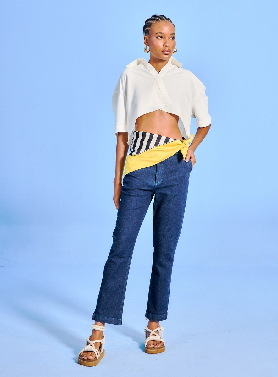 Calça Jeans Feminina Reta Bolsos Faca Índigo Souisy
