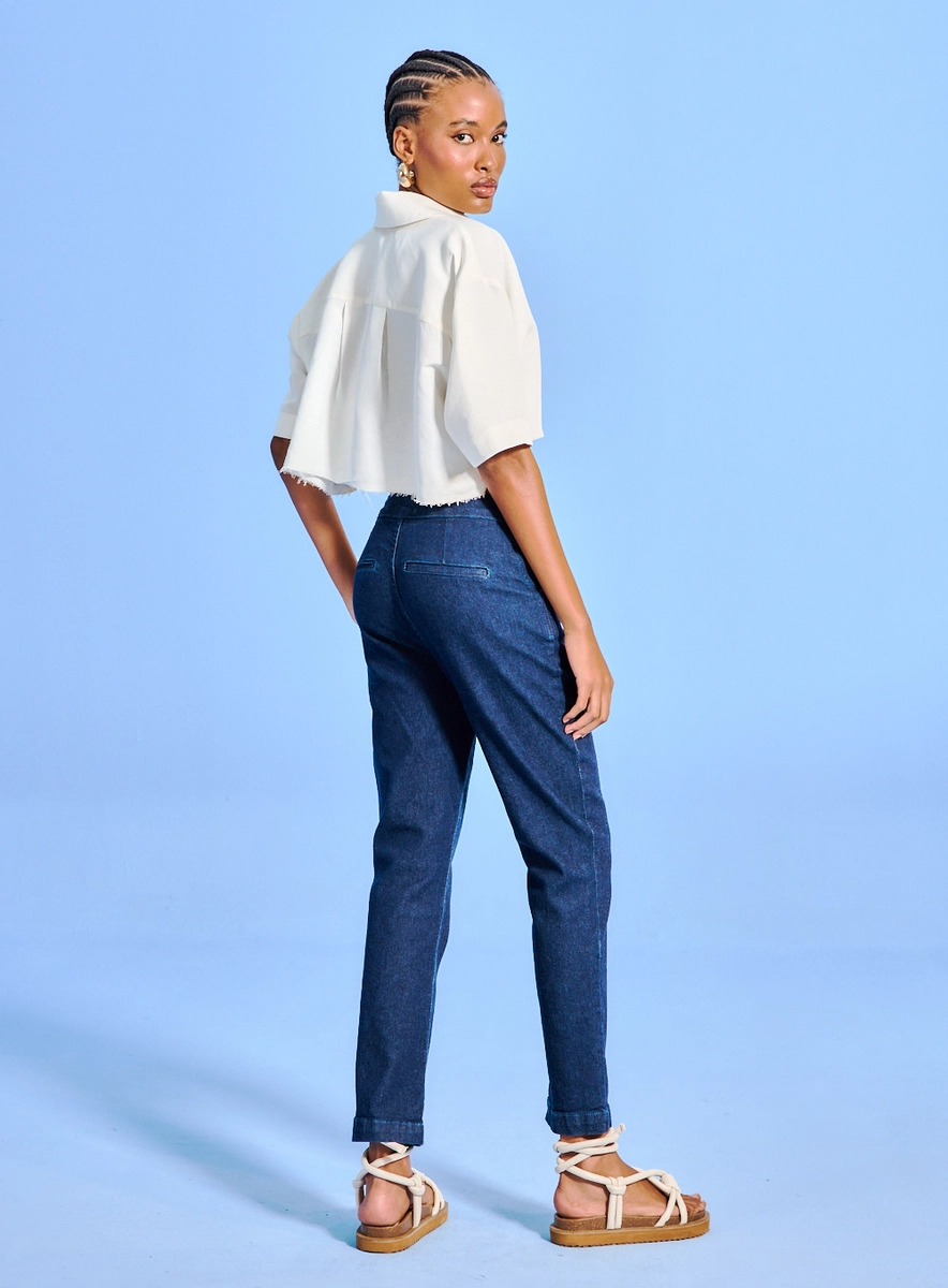 Calça Jeans Feminina Reta Bolsos Faca Índigo Souisy