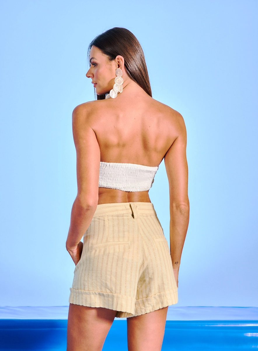 Short Feminino Linho Barra Dobrada Listrada Estampados Souisy
