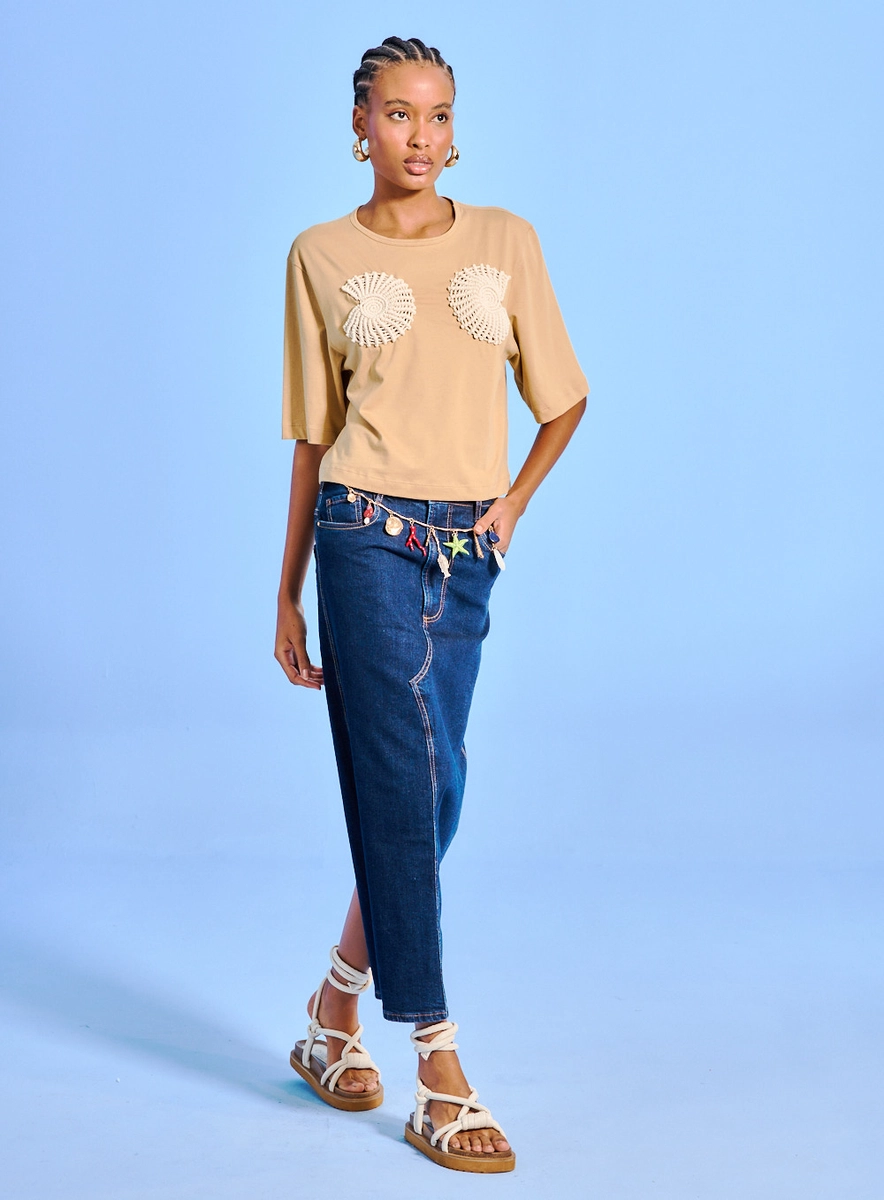 Saia Jeans Comfort Com Fenda Índigo Souisy
