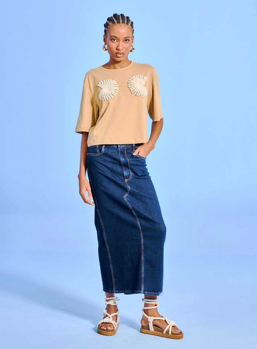 Saia Jeans Comfort Com Fenda Índigo Souisy