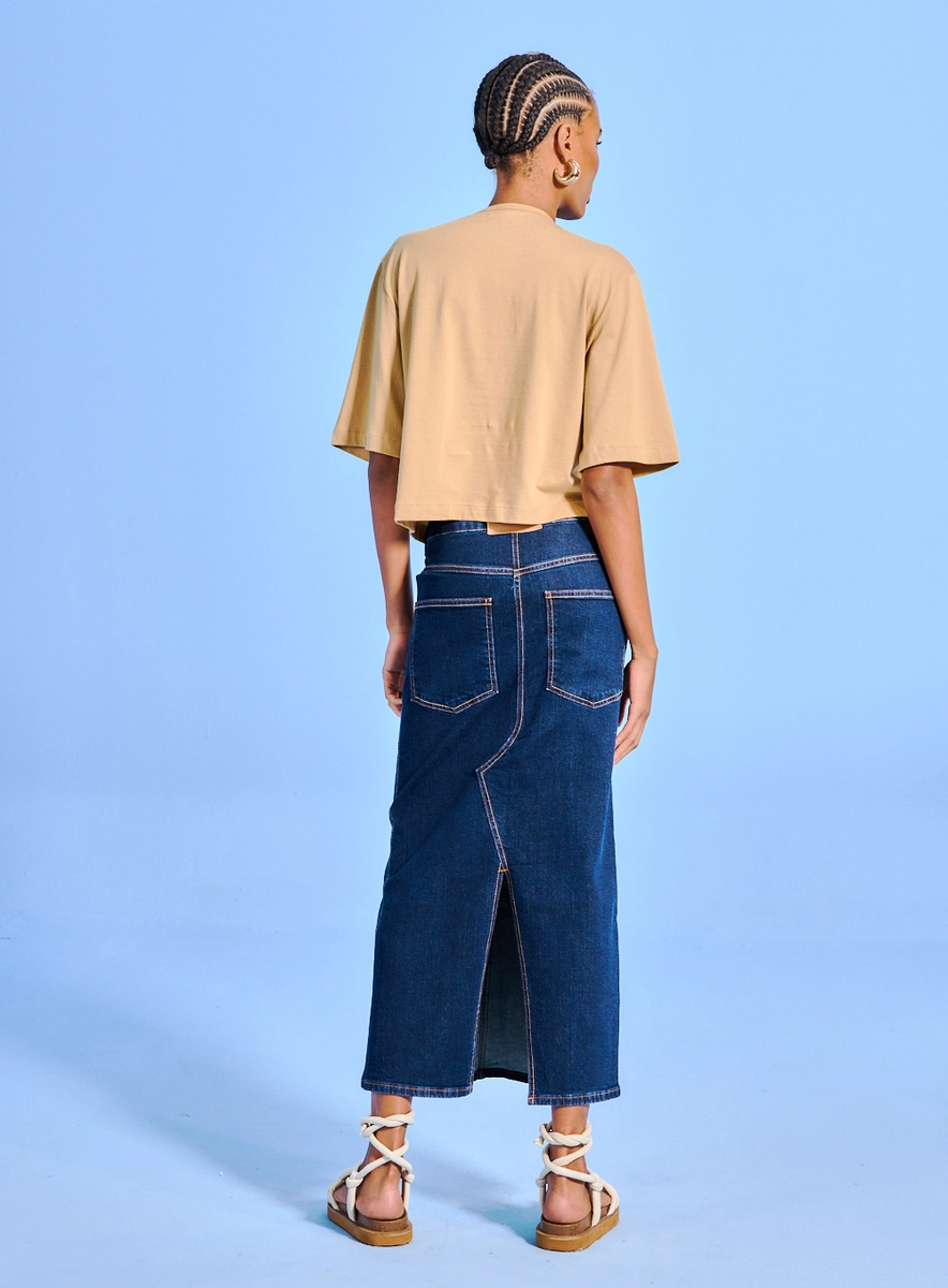 Saia Jeans Comfort Com Fenda Índigo Souisy
